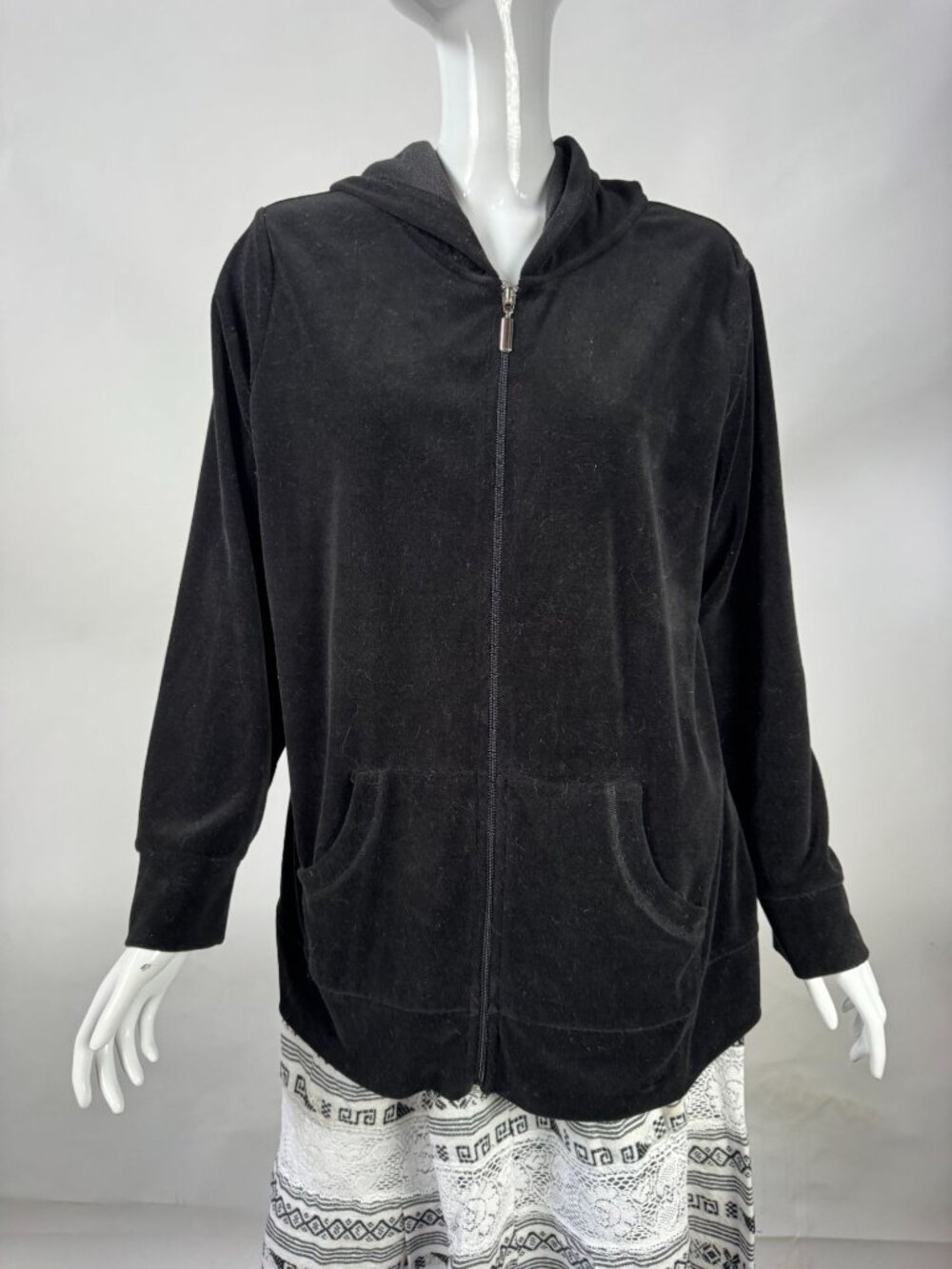 Faded Glory Black Velour Zip-Up Hoodie Jacket 1X Womens Long Sleeve Casual Soft